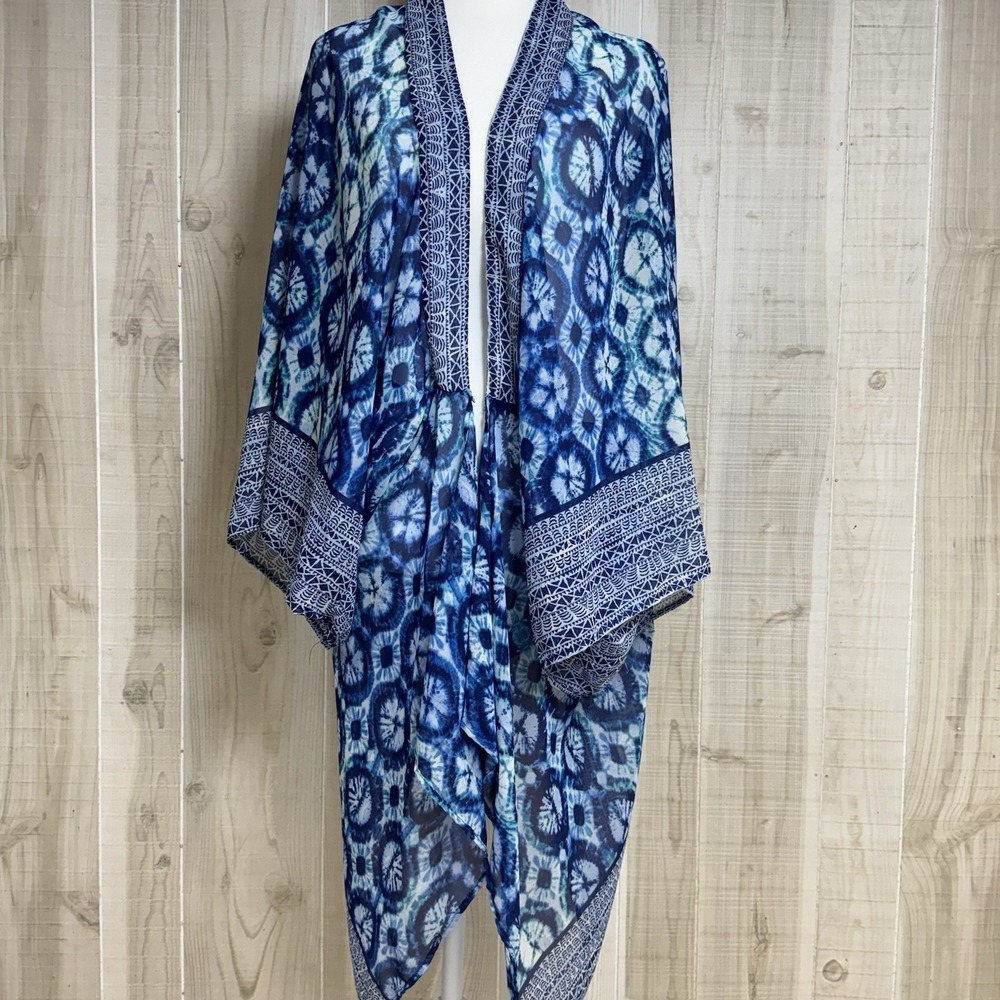 Kimono Cardigan XL Blue Tie Dye Boho Ruana Open Front Saks Fifth Avenue Layer